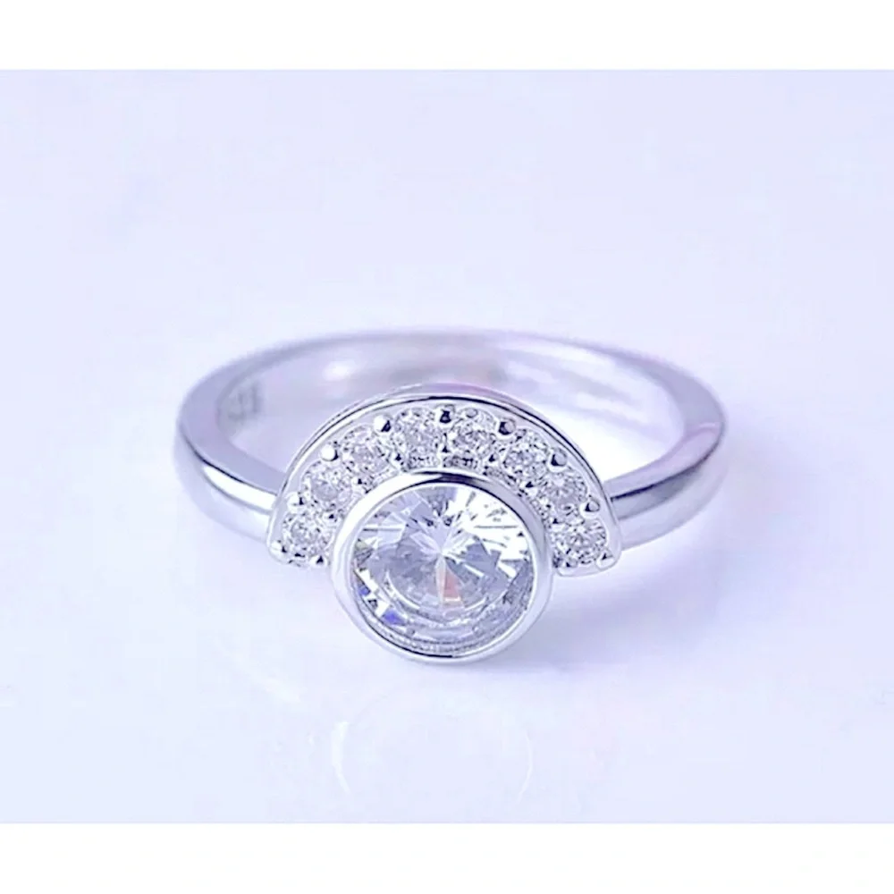 NEW 2Ct Half Moon Rhodium 925‎ Silver Simulated Diamond, Size 9